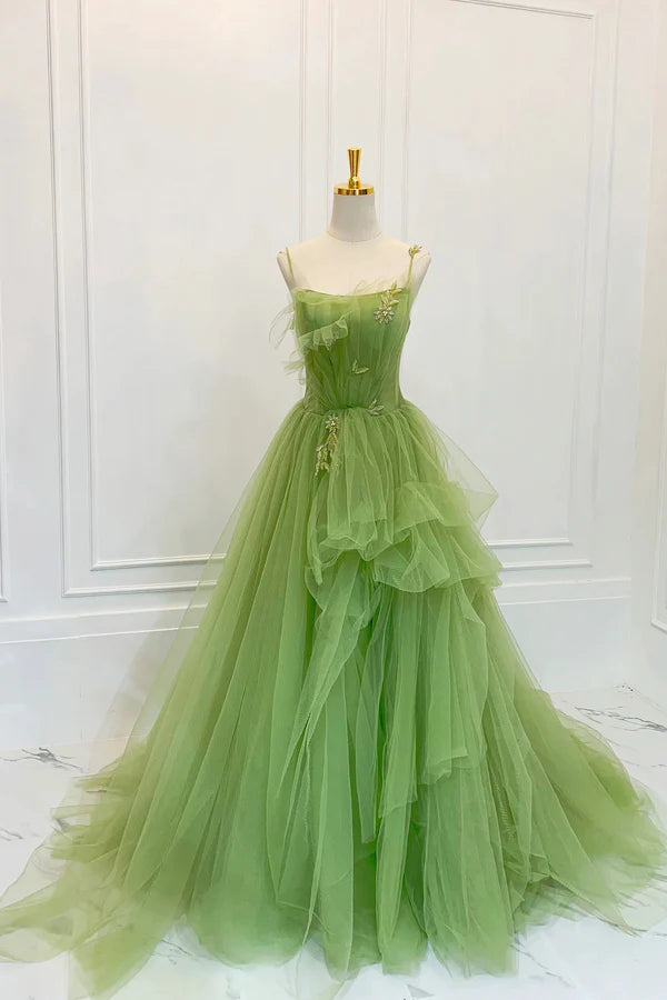 Wholesale Green Spaghetti Strap Tulle Long Prom Dress Beautiful A-Line Evening Dress